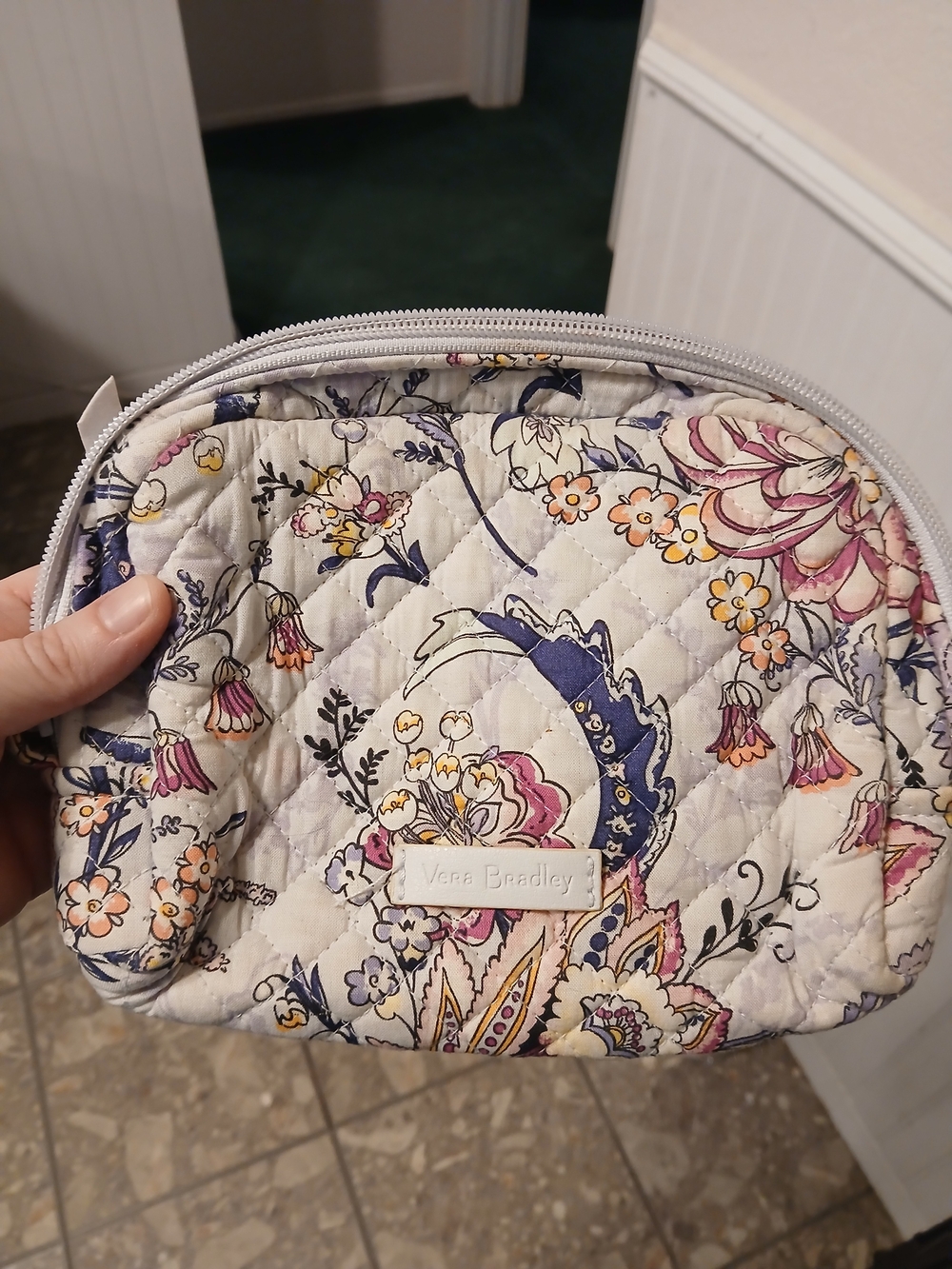 Vera Bradley Cream Quilted Floral Cosmetic Pouch with Pink & Purple Accents